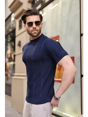 Madmext Lacivert Bisiklet Yaka Slim Fit Triko Erkek Tişört E7466
