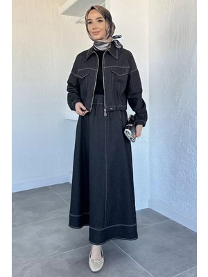 Gülseli Jean Kot Ceket Bel Lastikli Etek Tesettür Ikili Takım P-00020773