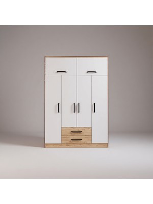 EVDEMO Modern Tasarımlı 6 Kapaklı 2 Çekmeceli Gardırop Atlantik Çam Beyaz Suntalam Malzeme