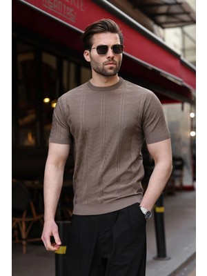 Madmext Açık Kahverengi Bisiklet Yaka Slim Fit Triko Erkek Tişört E7466