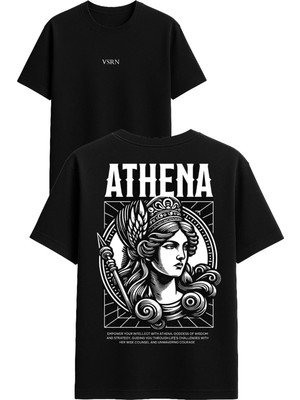 Vsrn Athena Tasarım Baskılı Siyah Oversize T Shirt