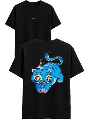 Vsrn Mavi Kedi Tasarım Baskılı Siyah Oversize T Shirt