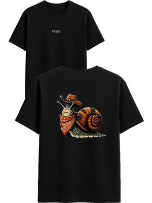 Vsrn Kovboy Böcek Tasarım Baskılı Siyah Oversize T Shirt