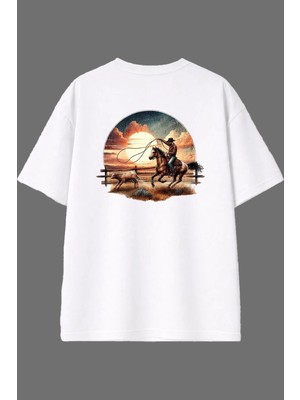 Vsrn Kovboy Yakaladı Tasarım Arka Baskılı Beyaz Oversize T Shirt