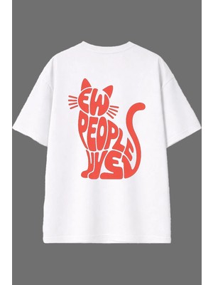 Vsrn Kedi Tasarım Arka Baskılı Beyaz Oversize T Shirt