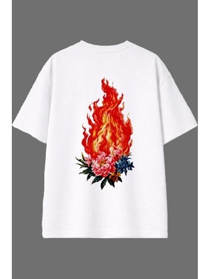 Vsrn Yanan Güller Tasarım Arka Baskılı Beyaz Oversize T Shirt