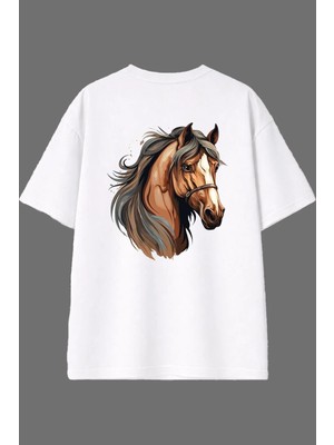 Vsrn Horse 1 Tasarım Arka Baskılı Beyaz Oversize T Shirt