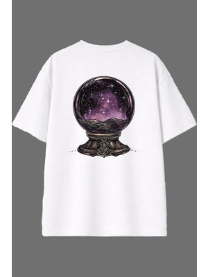 Vsrn Büyülü Küre Tasarım Arka Baskılı Beyaz Oversize T Shirt