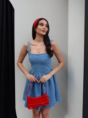 Esra Helvacı Sırt Fiyonklu Denim Mini Elbise