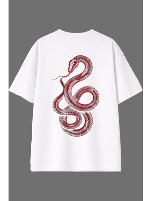 Vsrn Kırmızı Yılan Tasarım Arka Baskılı Beyaz Oversize T Shirt