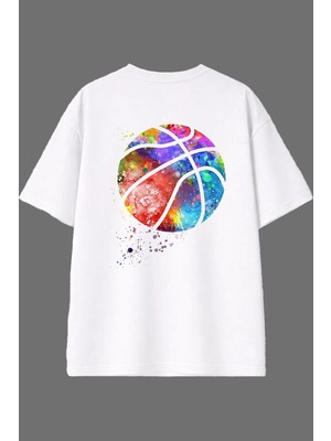 Vsrn Renkli Basketbol Tasarım Arka Baskılı Beyaz Oversize T Shirt