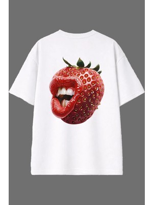 Vsrn Ağızlı Çilek Tasarım Arka Baskılı Beyaz Oversize T Shirt