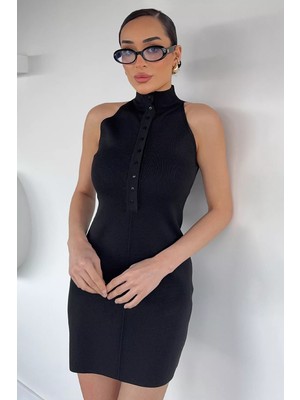 Gülseli Kadın Ön Yarım Düğmeli Halter Yaka Likralı Elbise P-00020937