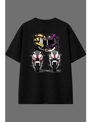 Vsrn Sevgili Motorcu Tasarım Arka Baskılı Siyah Oversize T Shirt