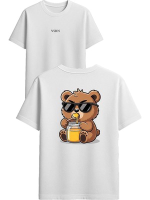 Vsrn Bal Yiyen Ayı Tasarım Baskılı Beyaz Oversize T-Shirt