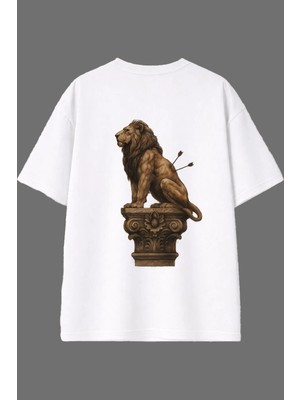 Vsrn Yaralı Aslan Tasarım Arka Baskılı Beyaz Oversize T Shirt