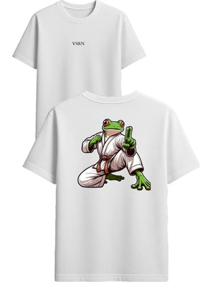 Vsrn Kung Fu Kurbağa Tasarım Baskılı Beyaz Oversize T-Shirt