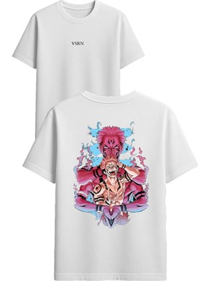Vsrn Pembe Dört Kol Anime Tasarım Baskılı Beyaz Oversize T Shirt