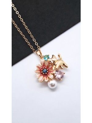 Serenity Çiçekli Kedi Figür Çelik Kolye