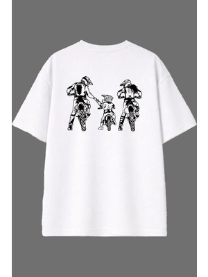 Vsrn Motorcu Aile Tasarım Arka Baskılı Beyaz Oversize T Shirt
