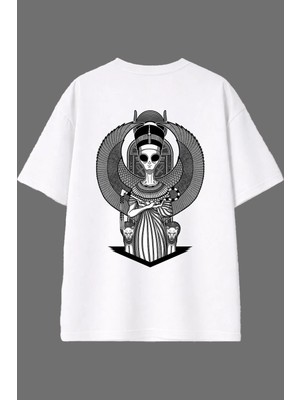 Vsrn Uzaylı Mısırlı Tasarım Arka Baskılı Beyaz Oversize T Shirt