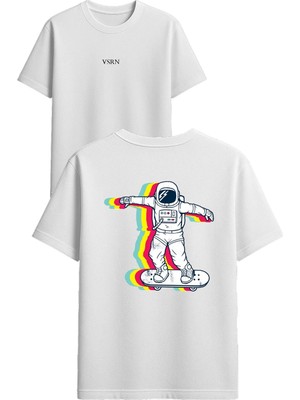 Vsrn 3 Boyutlu Astronot Tasarım Baskılı Beyaz Oversize T-Shirt