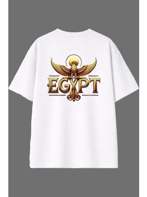Vsrn Egypt Kuş Tasarım Arka Baskılı Beyaz Oversize T Shirt