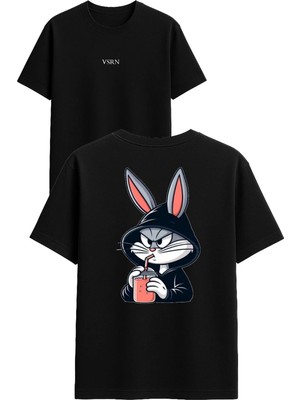 Vsrn Şapkalı Tavşan Tasarım Baskılı Siyah Oversize T Shirt