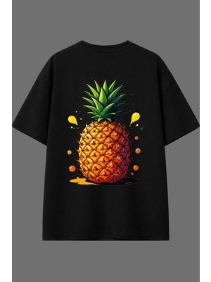 Vsrn Büyük Ananas Tasarım Arka Baskılı Siyah Oversize T Shirt