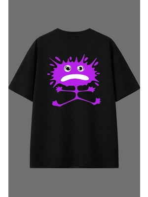 Vsrn Pembe Yaratık Tasarım Arka Baskılı Siyah Oversize T Shirt