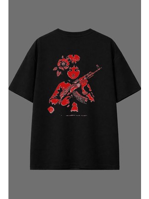 Vsrn Silahlı Kız Tasarım Arka Baskılı Siyah Oversize T Shirt