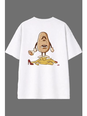 Vsrn Kırgın Patates Tasarım Arka Baskılı Beyaz Oversize T Shirt