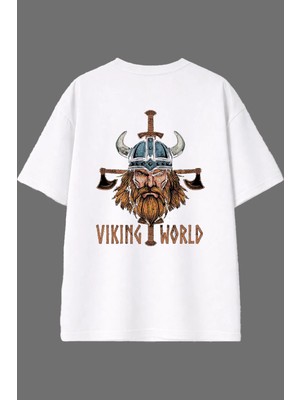 Vsrn Vıkıng Tasarım Arka Baskılı Beyaz Oversize T Shirt