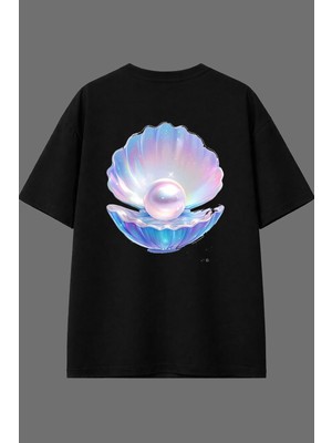 Vsrn Inci Kabuğu Tasarım Arka Baskılı Siyah Oversize T Shirt