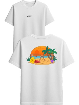 Vsrn Sahil Manzara Tasarım Baskılı Beyaz Oversize T Shirt