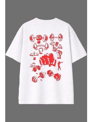 Vsrn Gym Hareketleri Tasarım Arka Baskılı Beyaz Oversize T Shirt