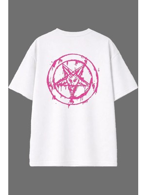 Vsrn Pembe Yuvarlak Yıldız Tasarım Arka Baskılı Beyaz Oversize T Shirt