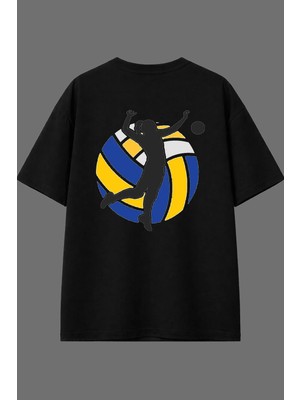 Vsrn Voleyball 3 Tasarım Arka Baskılı Siyah Oversize T Shirt