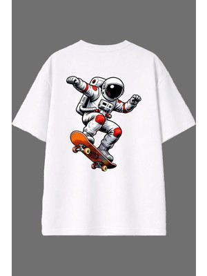 Vsrn Kaykaycı Astronot Tasarım Arka Baskılı Beyaz Oversize T Shirt