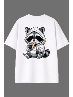 Vsrn Pizzacı Rakun Tasarım Arka Baskılı Beyaz Oversize T Shirt