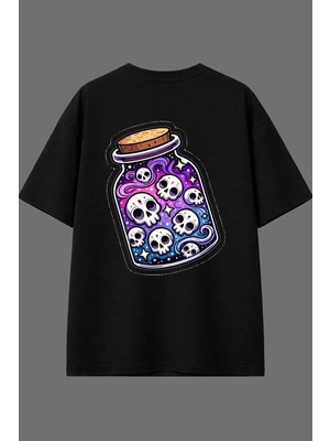 Vsrn Kavanozda Iskelet Tasarım Arka Baskılı Siyah Oversize T Shirt
