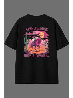 Vsrn Save A Tasarım Arka Baskılı Siyah Oversize T Shirt