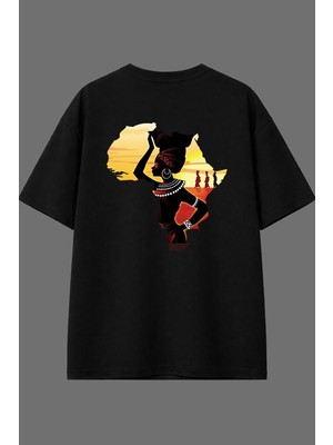 Vsrn Afrikalı Insanlar Tasarım Arka Baskılı Siyah Oversize T Shirt