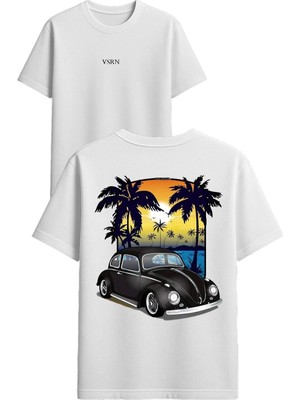 Vsrn Siyah Araba Tasarım Baskılı Beyaz Oversize T Shirt