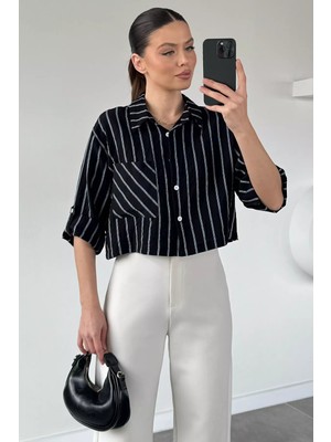Gülseli Kadın Çizgili Crop Top Gömlek P-00020932