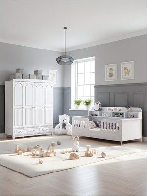 Setay Deniz Çocuk Odası, Deniz 4 Kapaklı Dolap, Etap Kitaplıklı Karyola - Beyaz