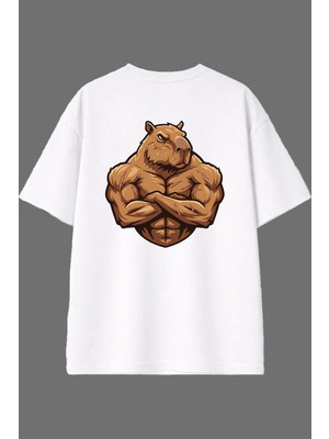 Vsrn Kaslı Kapibara Tasarım Arka Baskılı Beyaz Oversize T Shirt