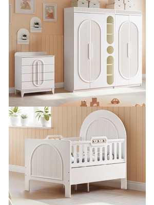 Setay Athena Çocuk Odası, Athena 4 Kapaklı Dolap ve Kitaplık, Şifonyer, Athena Büyüyen Beşik - Beyaz