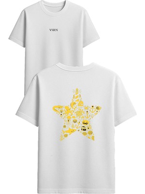 Vsrn Yıldızı Deniz Tasarım Baskılı Beyaz Oversize T Shirt