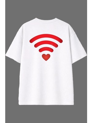 Vsrn Aşk Wifi Tasarım Arka Baskılı Beyaz Oversize T Shirt